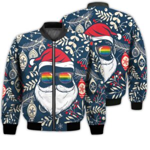 Merry Christmas Gay Santa Glasses Retro Christmas Holiday Gifts Unisex 3D Bomber Jacket