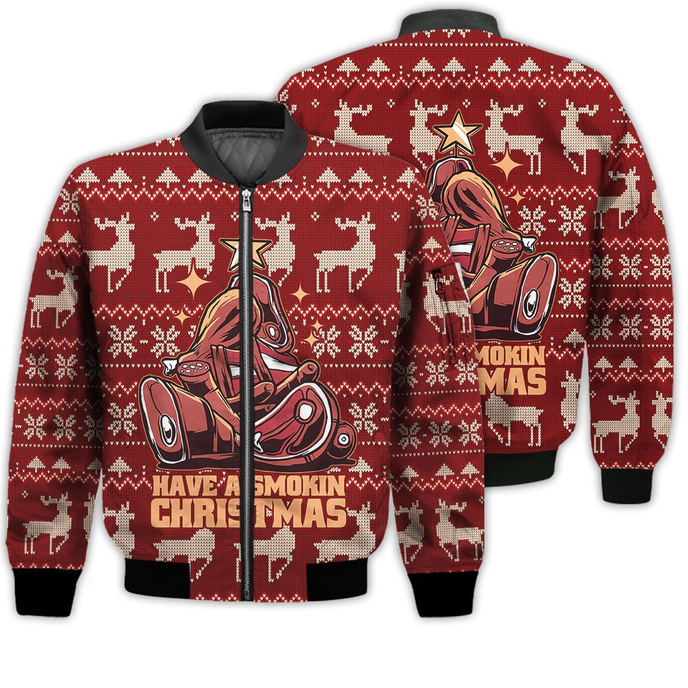 Merry Christmas Have A Smokin Christmas Meat Tree Food Christmas Holiday Gifts Unisex 3D Bomber Jacket Merry Christmas Have A Smokin Christmas Meat Tree Food Christmas Holiday Gifts Unisex 3D Bomber Jacket