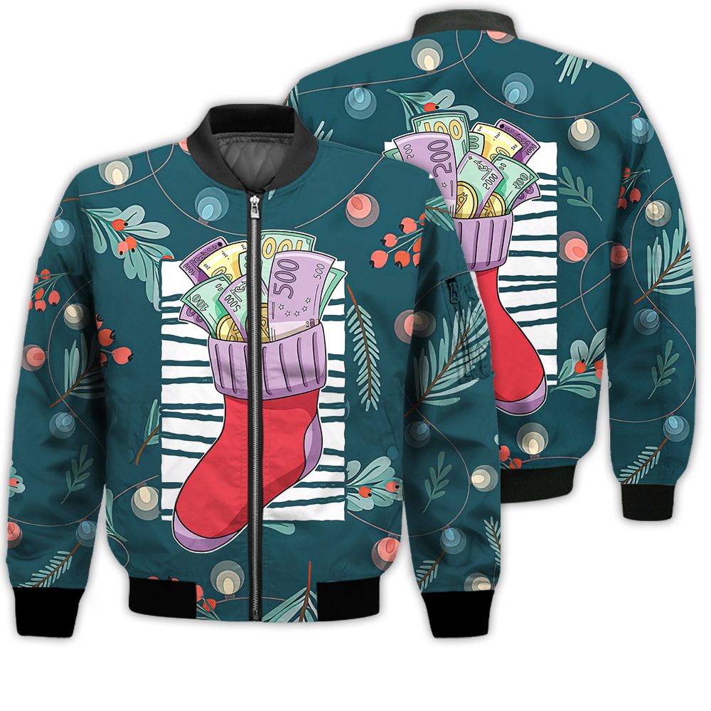 Merry Christmas Money Christmas Sock Retro Christmas Holiday Gifts Unisex 3D Bomber Bomber Jacket Merry Christmas Money Christmas Sock Retro Christmas Holiday Gifts Unisex 3D Bomber Bomber Jacket