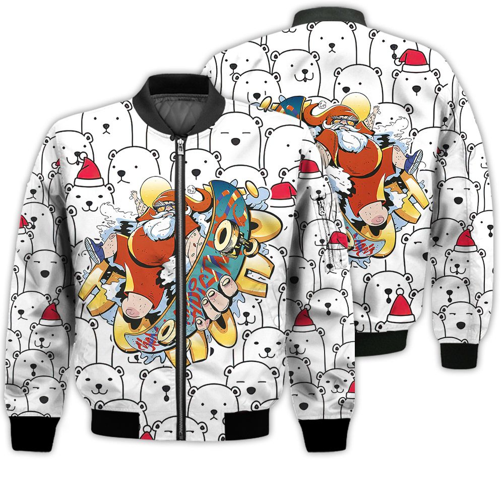 Merry Christmas Santa Claus Skateboarding Retro Christmas Holiday Gifts Unisex 3D Bomber Bomber Jacket Merry Christmas Santa Claus Skateboarding Retro Christmas Holiday Gifts Unisex 3D Bomber Bomber Jacket