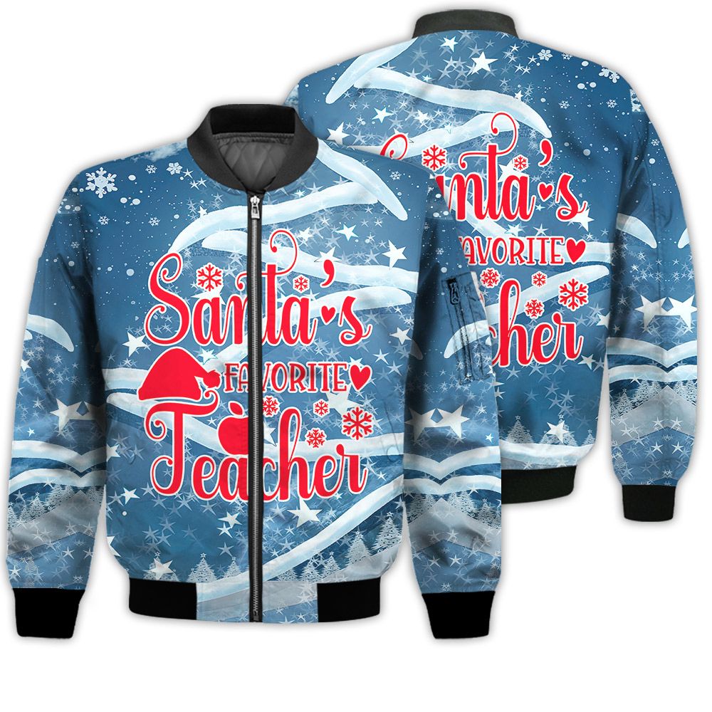 Merry Christmas Santa's Favorite Teacher Retro Christmas Holiday Gifts Unisex 3D Bomber Bomber Jacket Merry Christmas Santa's Favorite Teacher Retro Christmas Holiday Gifts Unisex 3D Bomber Bomber Jacket