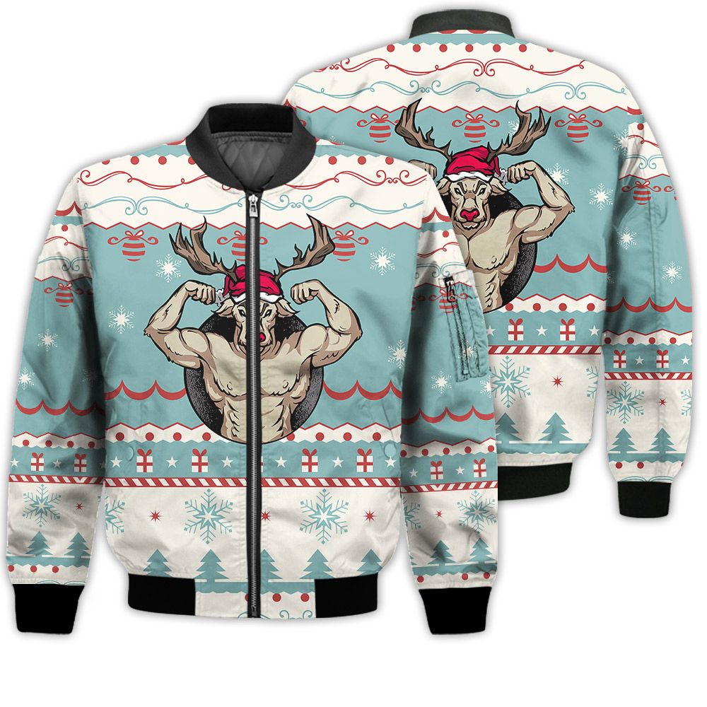 Merry Christmas Strong Reindeer Retro Christmas Holiday Gifts Unisex 3D Bomber Jacket Merry Christmas Strong Reindeer Retro Christmas Holiday Gifts Unisex 3D Bomber Jacket