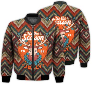 Merry Christmas Tis The Season To Be Jolly Reindeer Retro Christmas Holiday Gifts Unisex 3D Bomber Jacket