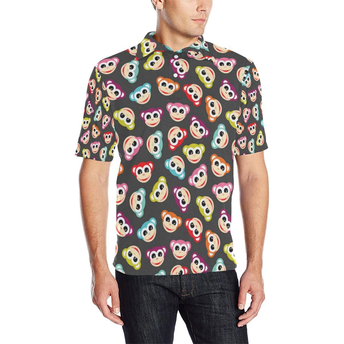 Monkey Head Design Themed Print Men Polo Shirt Monkey Head Design Themed Print Men Polo Shirt