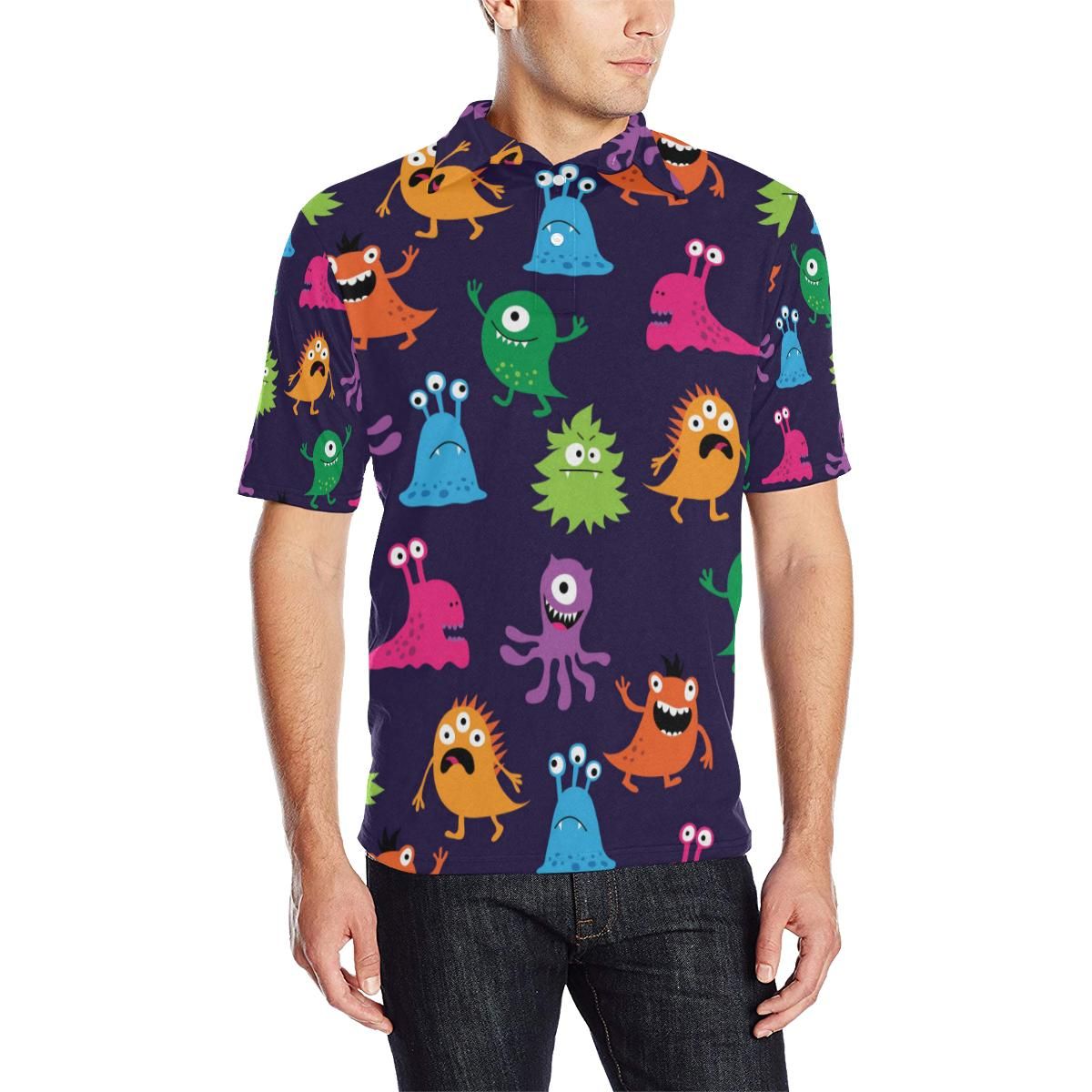 Monster Cartoon Pattern Print Design 02 Men Polo Shirt Monster Cartoon Pattern Print Design 02 Men Polo Shirt