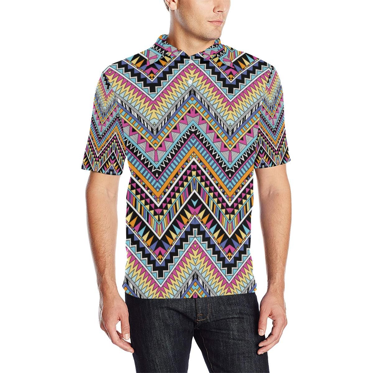 Multicolor Zigzag Tribal Aztec Men Polo Shirt Multicolor Zigzag Tribal Aztec Men Polo Shirt