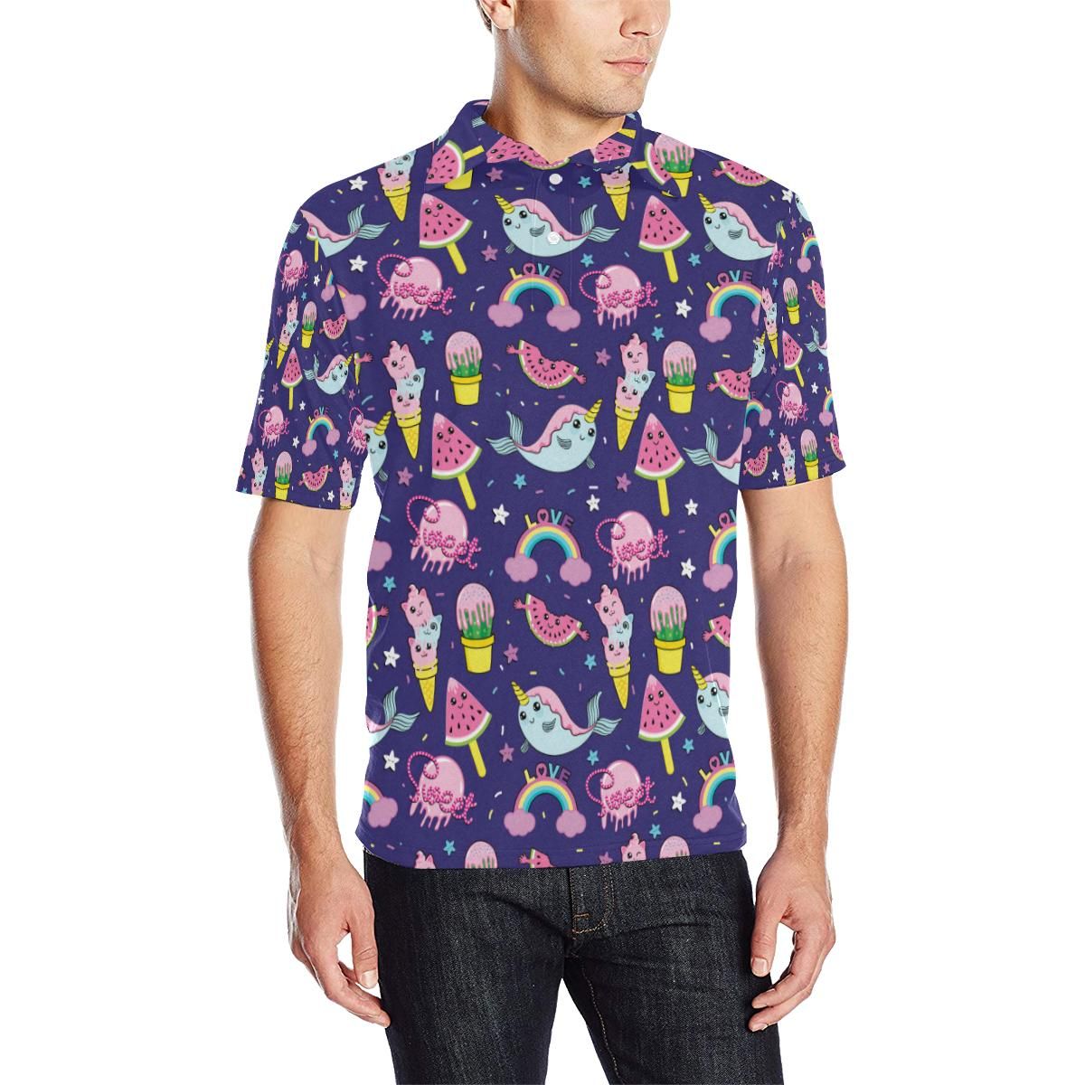 Narwhal Cute Pattern Print Design 02 Men Polo Shirt Narwhal Cute Pattern Print Design 02 Men Polo Shirt