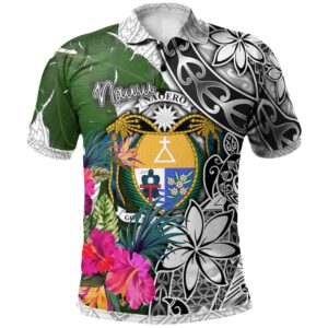 Nauru Polo Shirt White - Turtle Plumeria Banana Leaf Crest - BN11