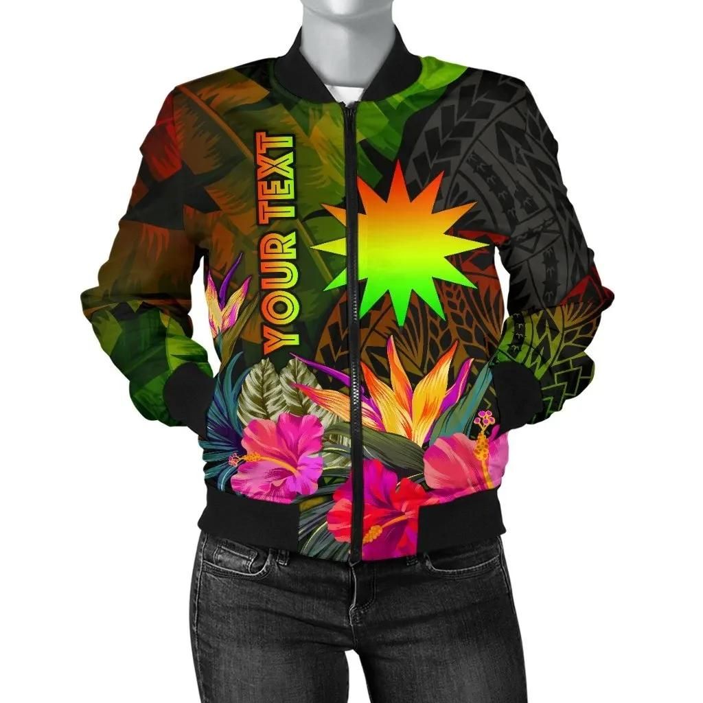 Nauru Polynesian Personalised Women's Bomber Jacket - Hibiscus and Banana Leaves - BN15 Bomber Jacket Nauru Polynesian Personalised Women's Bomber Jacket - Hibiscus and Banana Leaves - BN15 Bomber Jacket