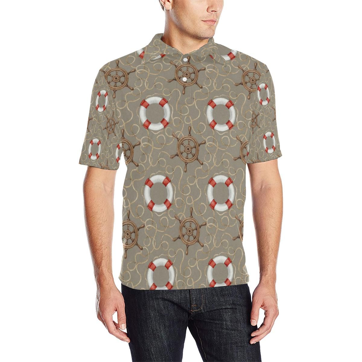 Nautical Pattern Print Design A02 Men Polo Shirt Nautical Pattern Print Design A02 Men Polo Shirt
