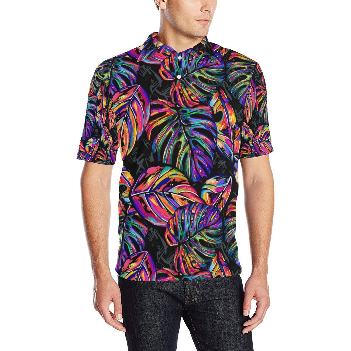 Neon Color Tropical Palm Leaves Men Polo Shirt Neon Color Tropical Palm Leaves Men Polo Shirt