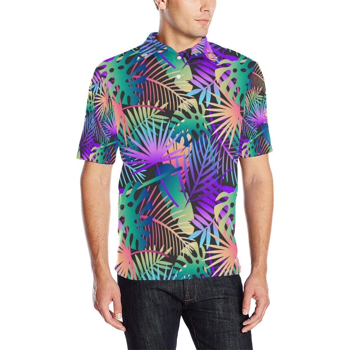 Neon Flower Tropical Palm Leaves Men Polo Shirt Neon Flower Tropical Palm Leaves Men Polo Shirt