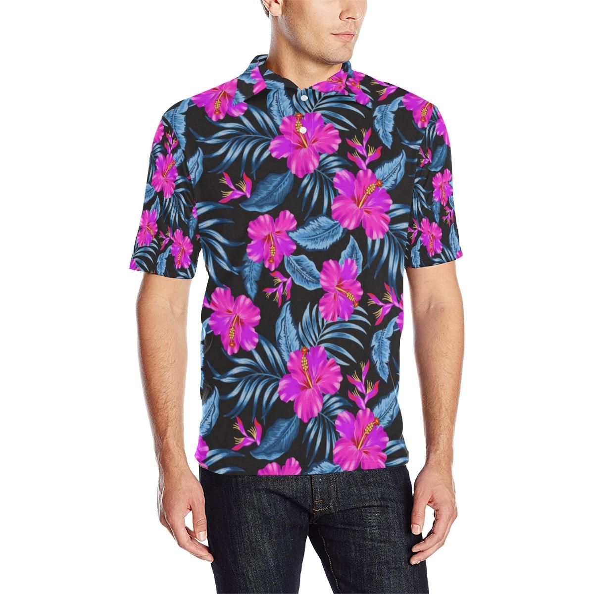 Neon Pink Hibiscus Pattern Print Design Hb015 Men Polo Shirt Neon Pink Hibiscus Pattern Print Design Hb015 Men Polo Shirt