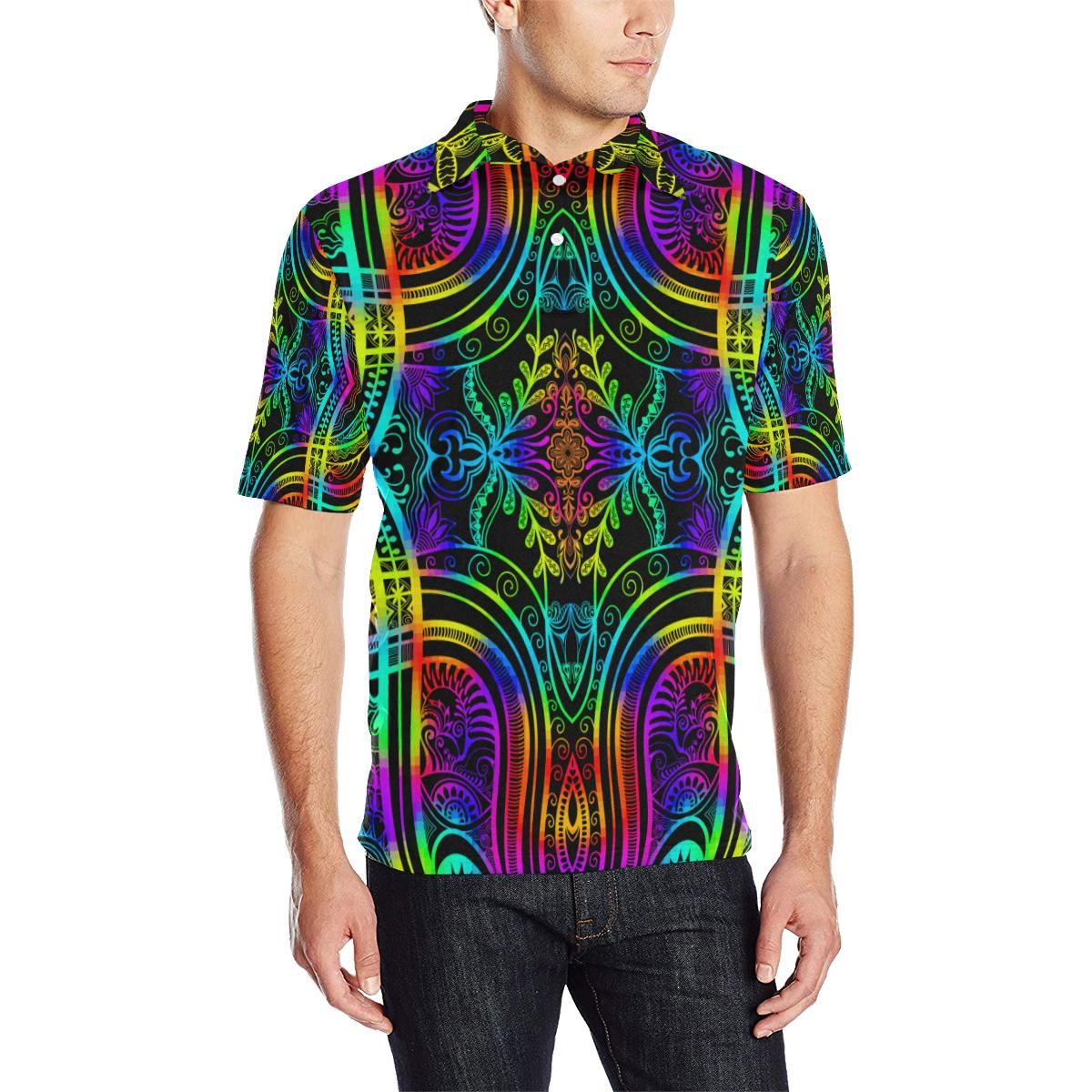 Neon Trible Rainbow Pattern Print Design A01 Men Polo Shirt Neon Trible Rainbow Pattern Print Design A01 Men Polo Shirt
