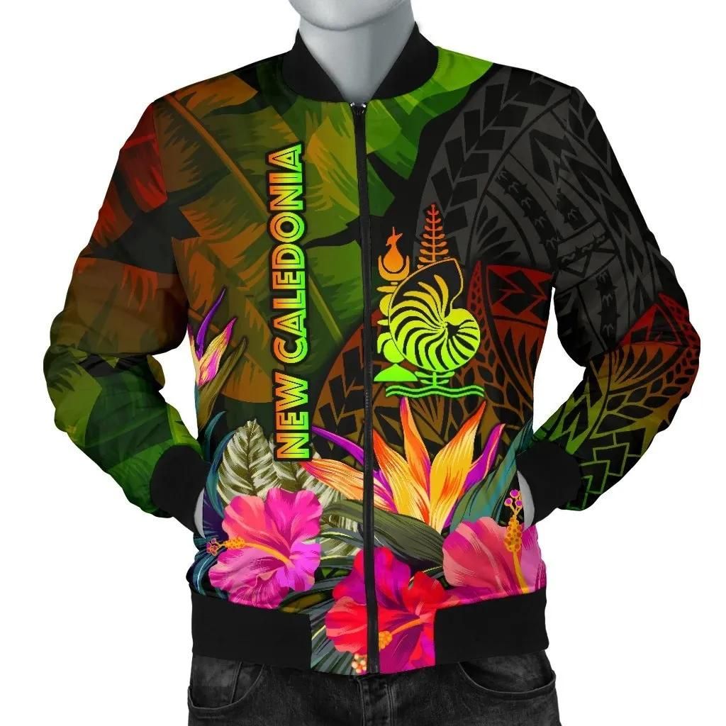 New Caledonia Polynesian Men's Bomber Jacket - Hibiscus and Banana Leaves - BN15 Bomber Jacket New Caledonia Polynesian Men's Bomber Jacket - Hibiscus and Banana Leaves - BN15 Bomber Jacket