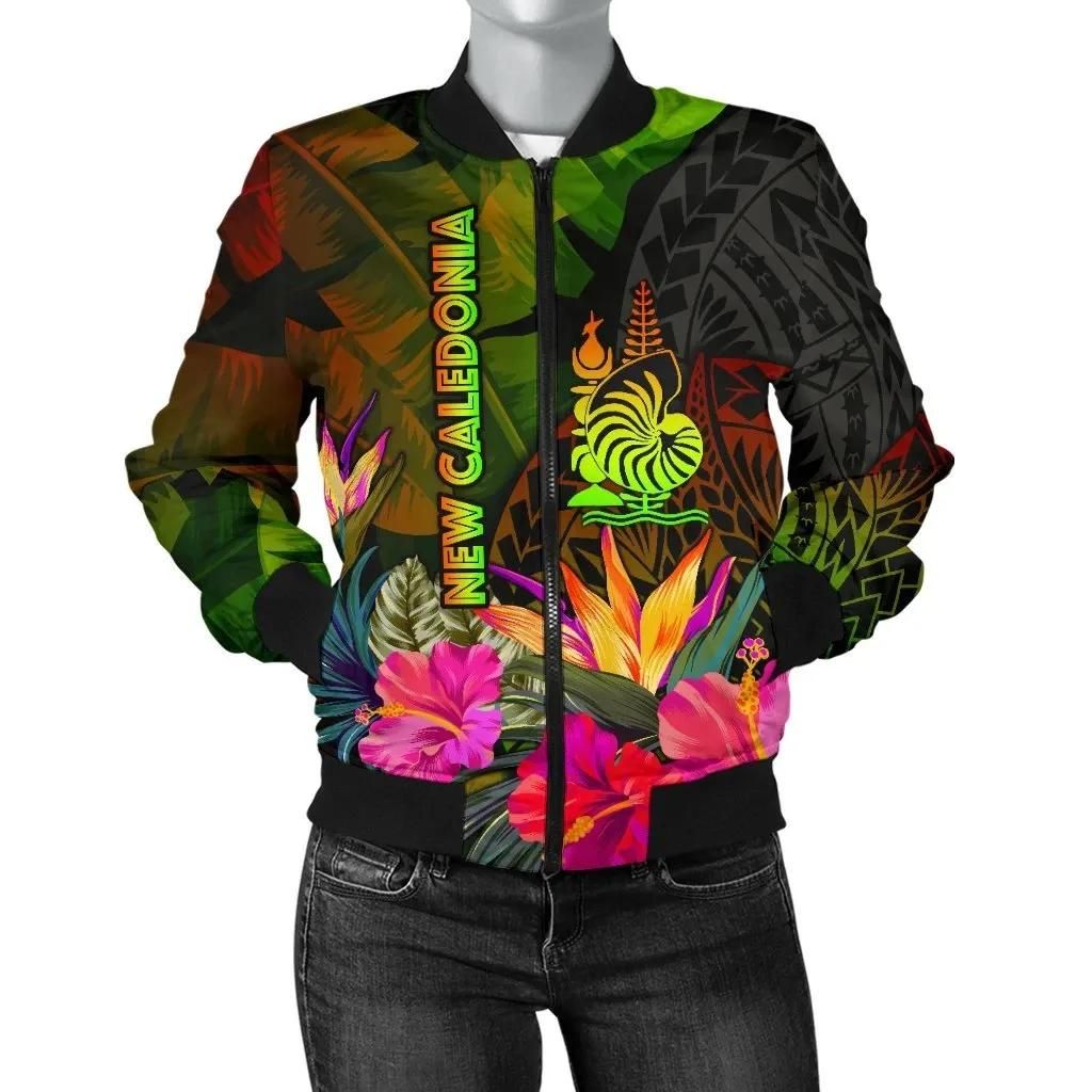 New Caledonia Polynesian Women's Bomber Jacket- Hibiscus and Banana Leaves - BN15 Bomber Jacket New Caledonia Polynesian Women's Bomber Jacket- Hibiscus and Banana Leaves - BN15 Bomber Jacket