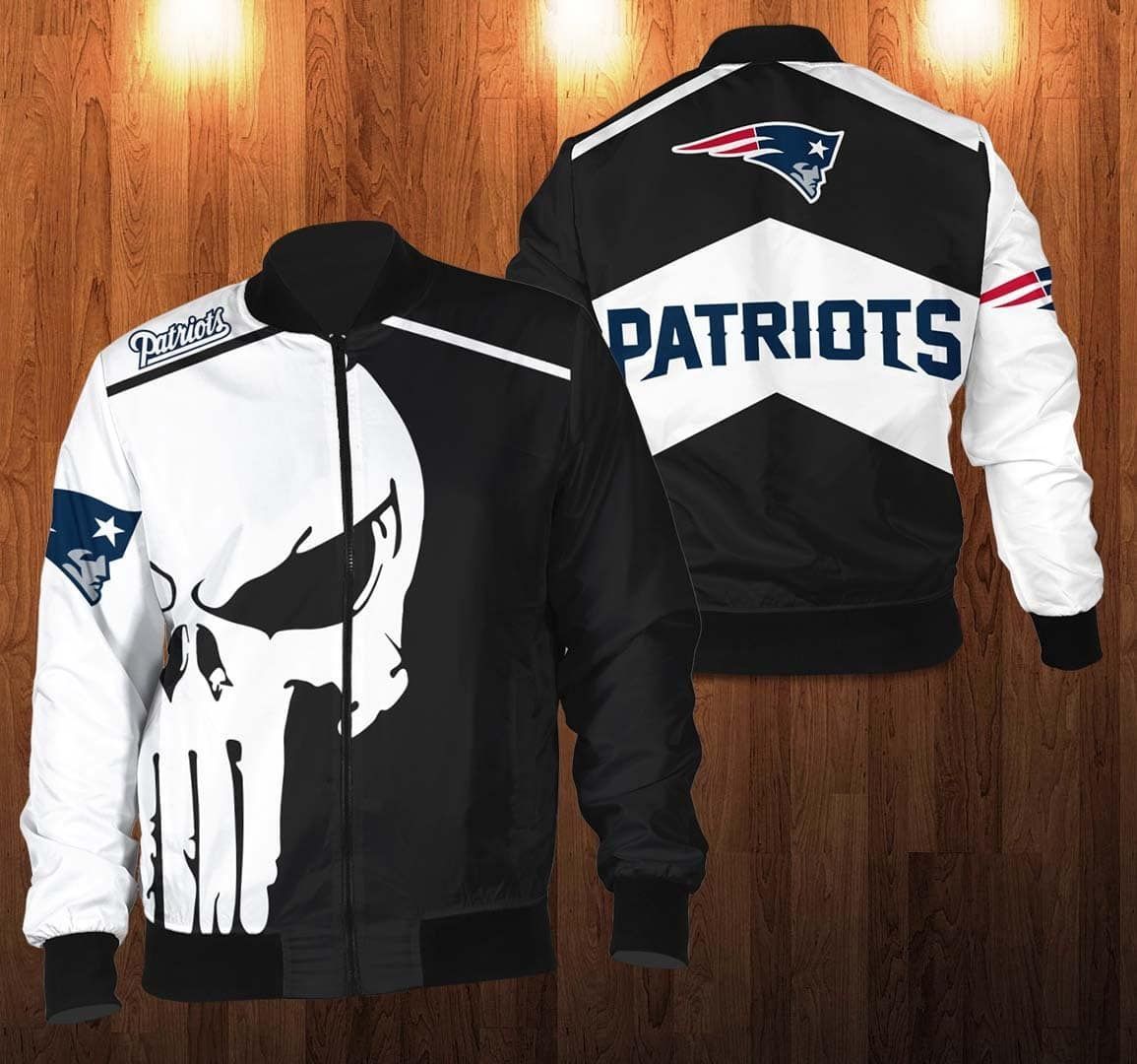 New England Patriots Punisher Skull Bomber Jacket New England Patriots Punisher Skull Bomber Jacket