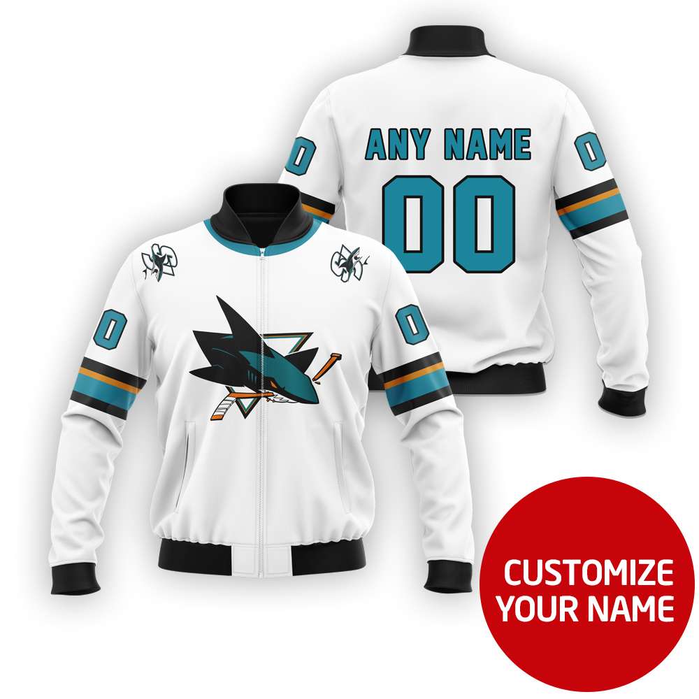 Nhl San Jose Sharks Team Personalized White 3D Bomber Jacket Nhl San Jose Sharks Team Personalized White 3D Bomber Jacket