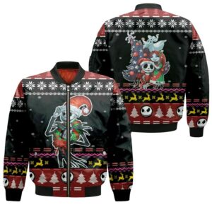 Nightmare before Christmas Jack Skellington Santa Wreath Sally Black 3D Designed Allover Gift For Halloween Lovers Christmas Lovers Bomber Jacket