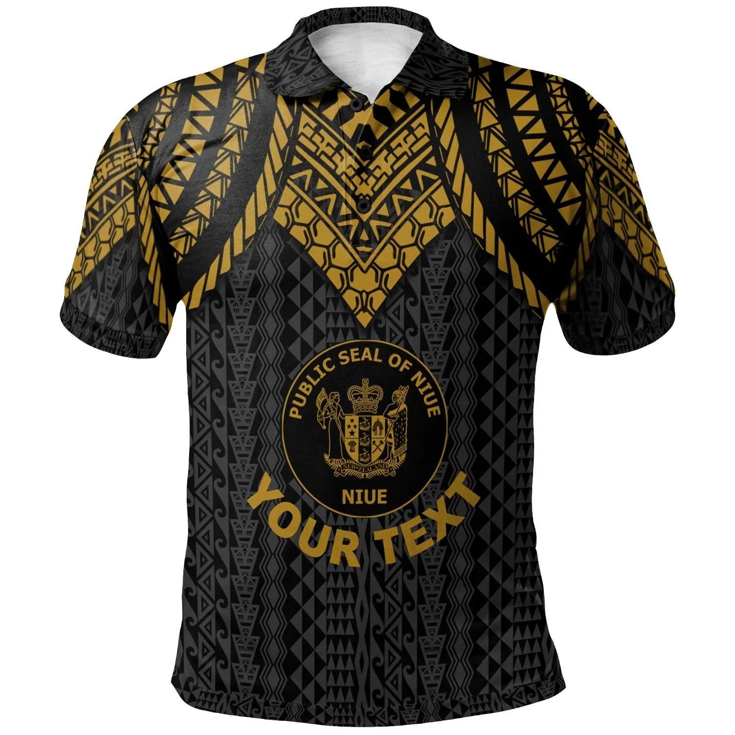 Niue Custom Personalised Polo Shirt - Polynesian Armor Style Gold - BN39 Niue Custom Personalised Polo Shirt - Polynesian Armor Style Gold - BN39