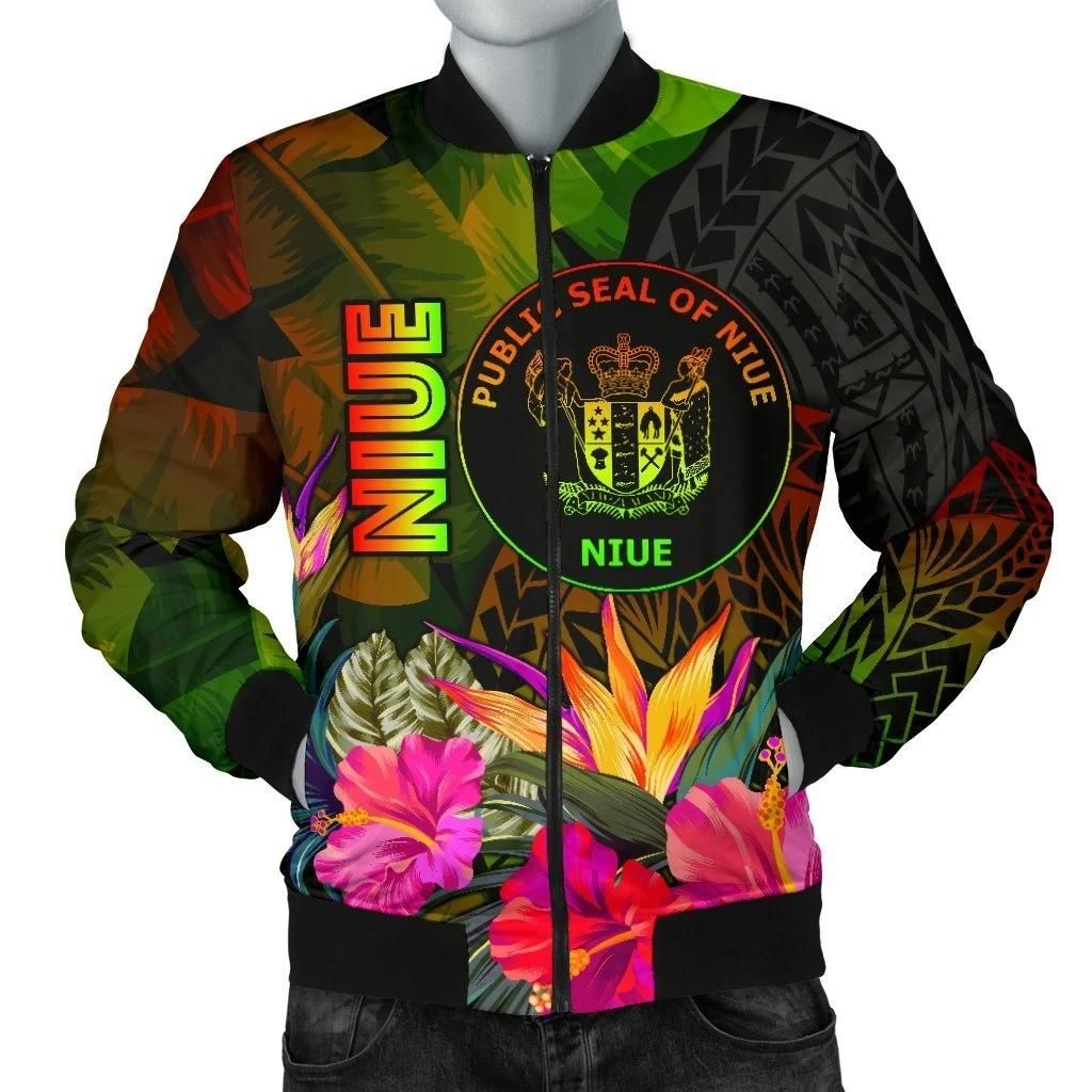Niue Polynesian Men's Bomber Jacket - Hibiscus and Banana Leaves - BN15 Bomber Jacket Niue Polynesian Men's Bomber Jacket - Hibiscus and Banana Leaves - BN15 Bomber Jacket