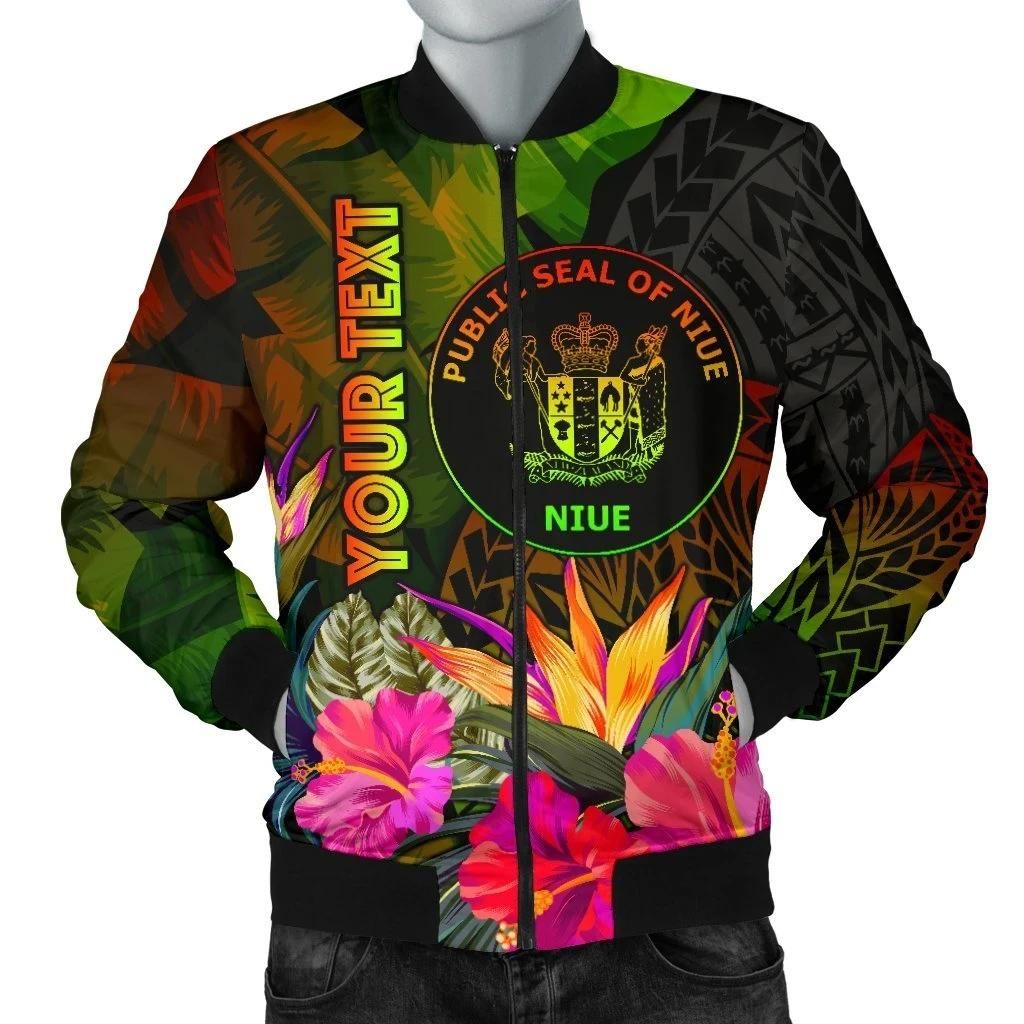 Niue Polynesian Personalised Men's Bomber Jacket - Hibiscus and Banana Leaves - BN15 Bomber Jacket Niue Polynesian Personalised Men's Bomber Jacket - Hibiscus and Banana Leaves - BN15 Bomber Jacket