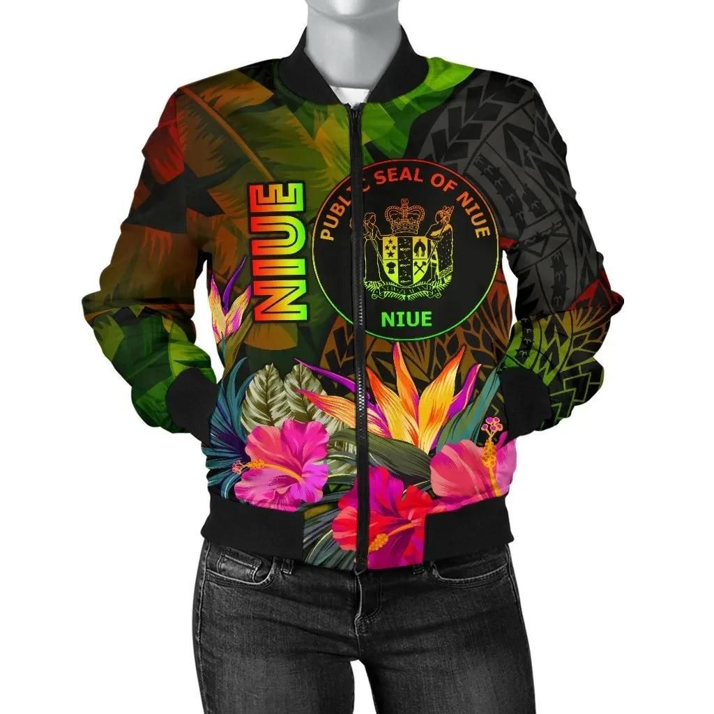 Niue Polynesian Women's Bomber Jacket - Hibiscus and Banana Leaves - BN15 Bomber Jacket Niue Polynesian Women's Bomber Jacket - Hibiscus and Banana Leaves - BN15 Bomber Jacket