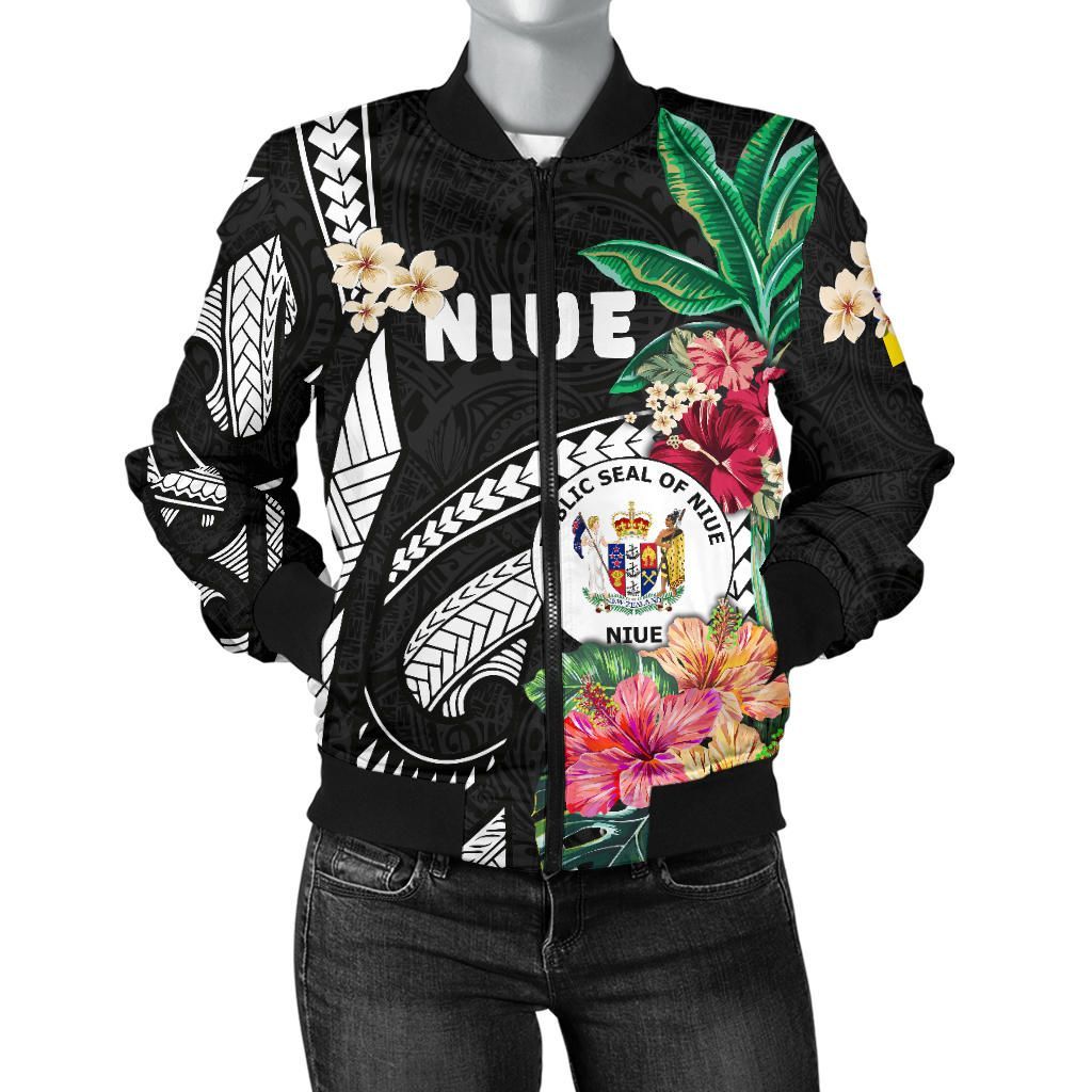 Niue Women's Bomber Jacket Coat Of Arms Polynesian With Hibiscus TH5 Bomber Jacket Niue Women's Bomber Jacket Coat Of Arms Polynesian With Hibiscus TH5 Bomber Jacket