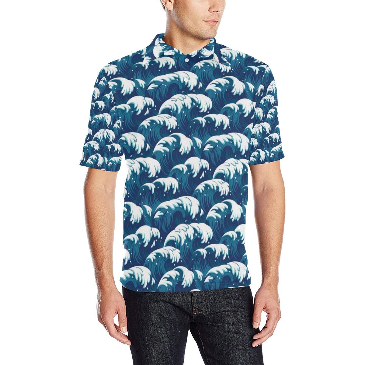 Ocean Wave Pattern Print Men Polo Shirt Ocean Wave Pattern Print Men Polo Shirt