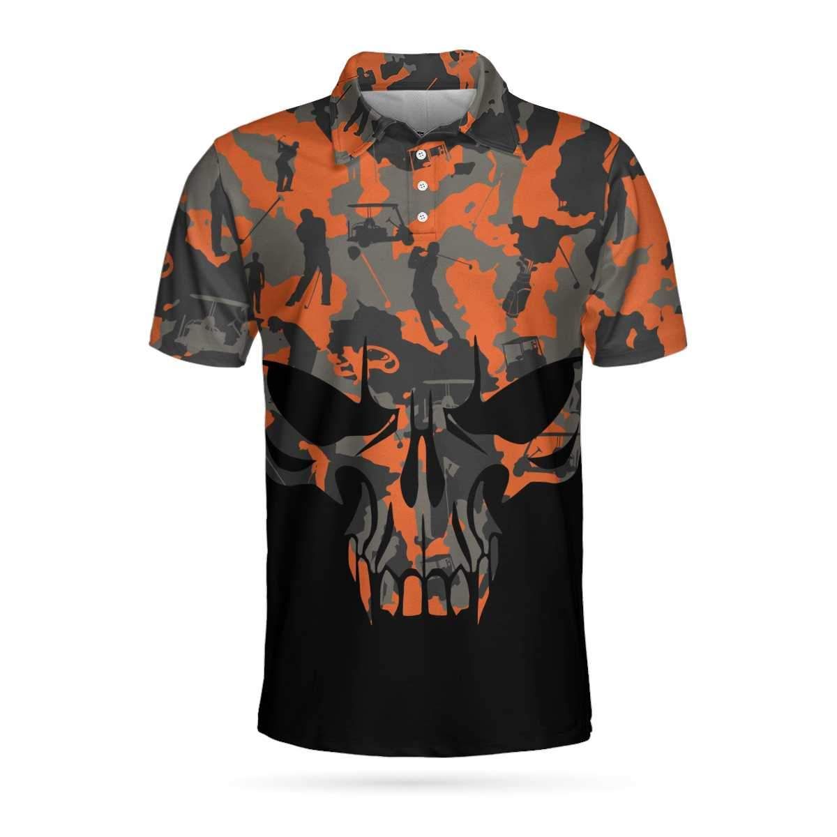 Orange Camouflage Skull Golf 3D All Over Printed Polo Shirt Orange Camouflage Skull Golf 3D All Over Printed Polo Shirt