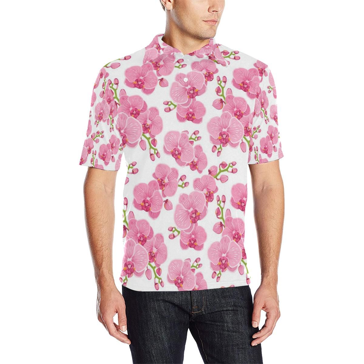 Orchid Pink Pattern Print Design Or07 Men Polo Shirt Orchid Pink Pattern Print Design Or07 Men Polo Shirt