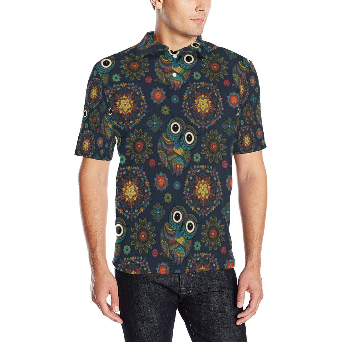 Owl Boho Style Pattern Print Design A04 Men Polo Shirt Owl Boho Style Pattern Print Design A04 Men Polo Shirt