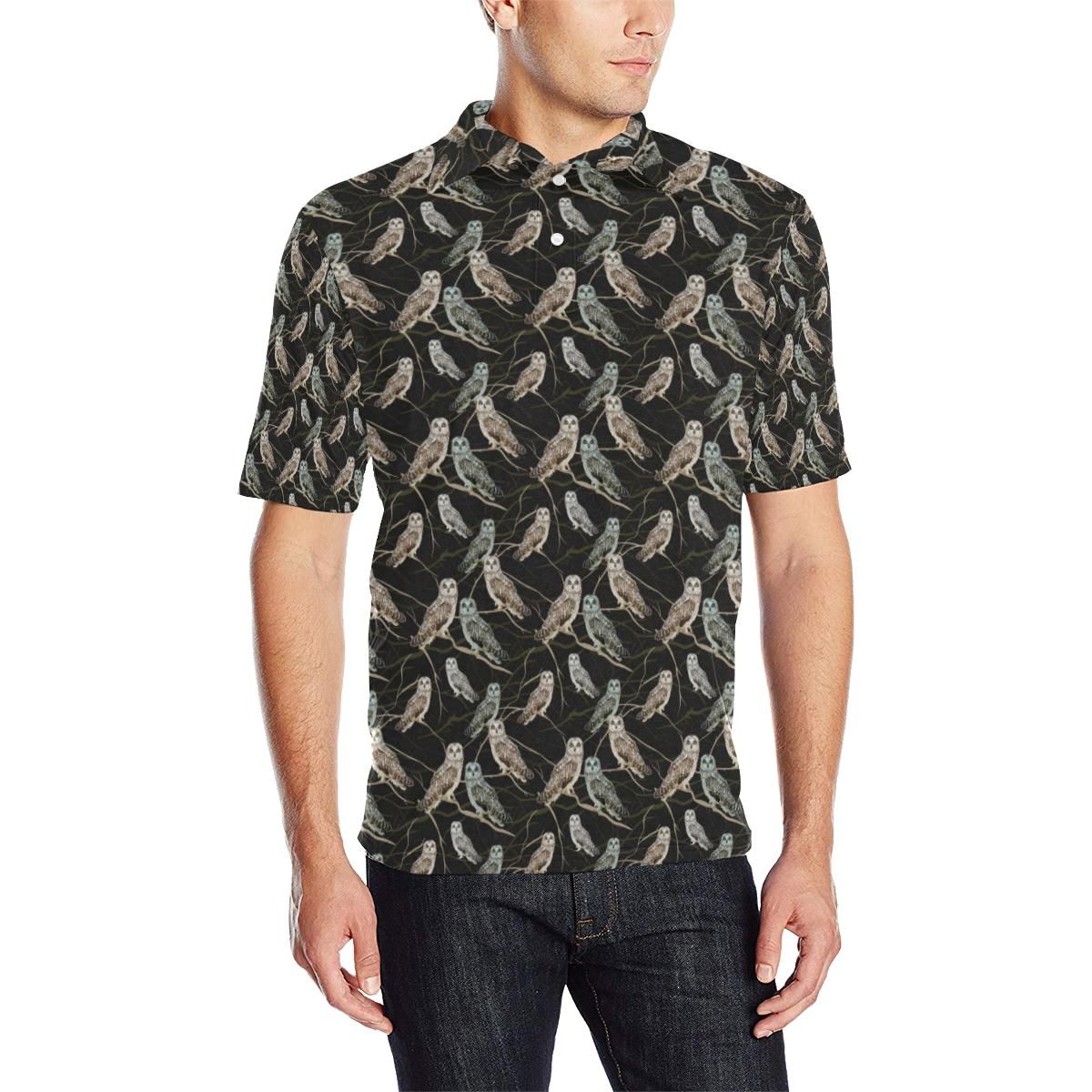 Owl Branch Themed Design Print Men Polo Shirt Owl Branch Themed Design Print Men Polo Shirt