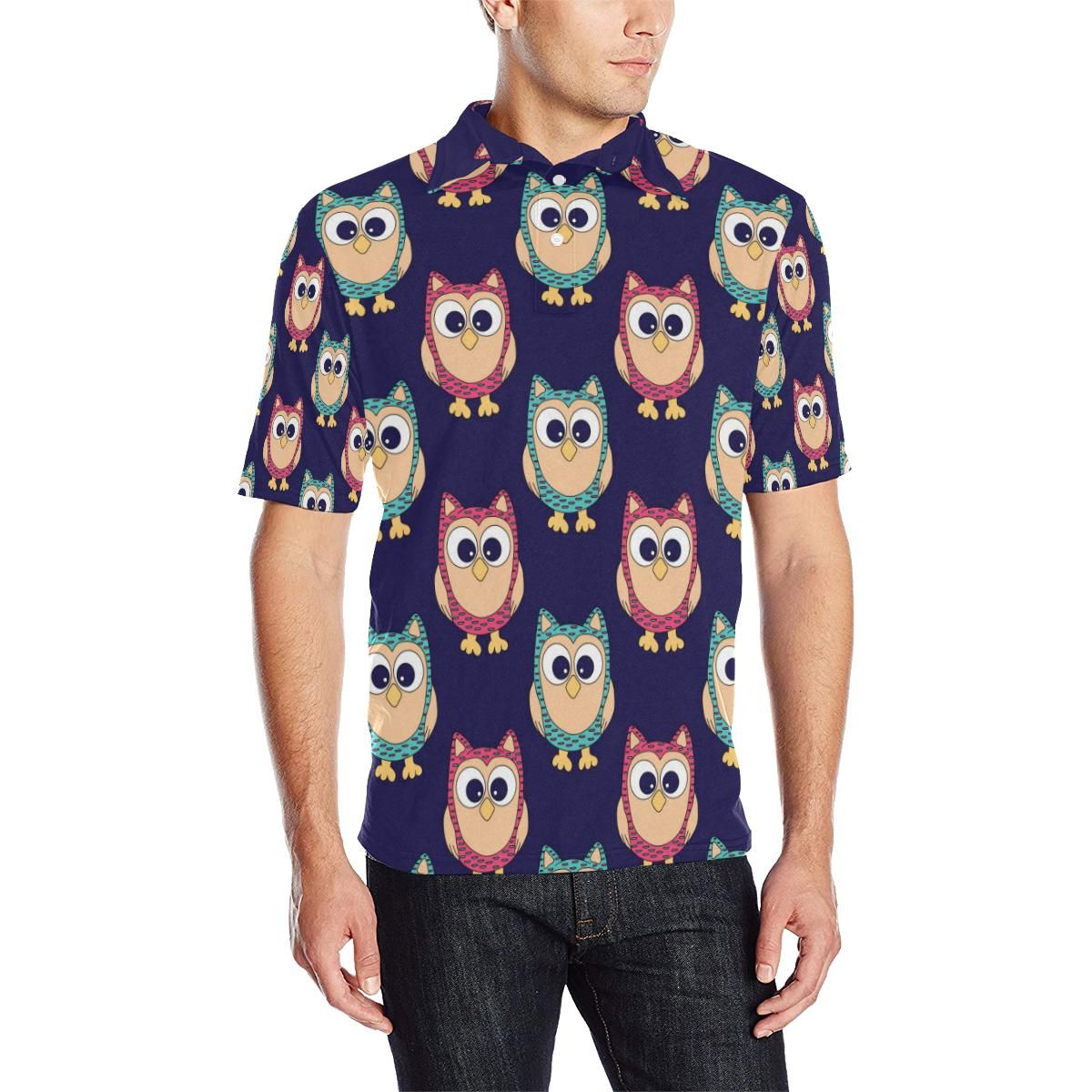 Owl Pattern Print Design A06 Men Polo Shirt Owl Pattern Print Design A06 Men Polo Shirt
