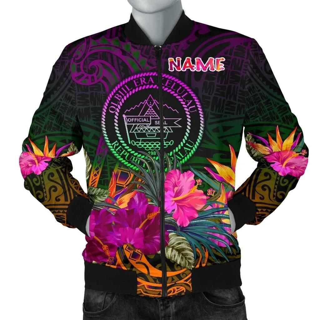 Palau Personalised Men's Bomber Jacket - Summer Hibiscus - BN15 Bomber Jacket Palau Personalised Men's Bomber Jacket - Summer Hibiscus - BN15 Bomber Jacket