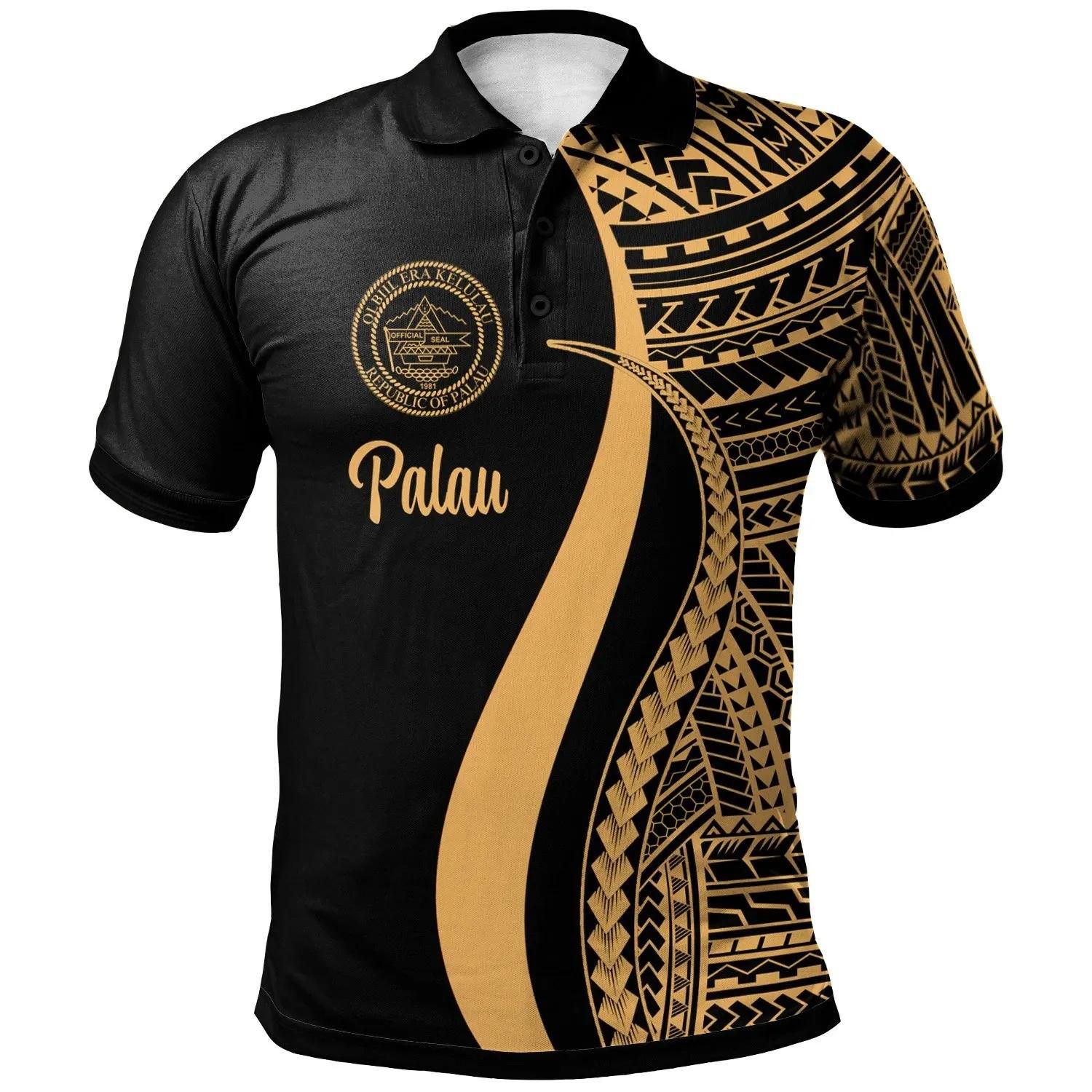 Palau Polo Shirt Gold - Polynesian Tentacle Tribal Pattern - BN11 Palau Polo Shirt Gold - Polynesian Tentacle Tribal Pattern - BN11