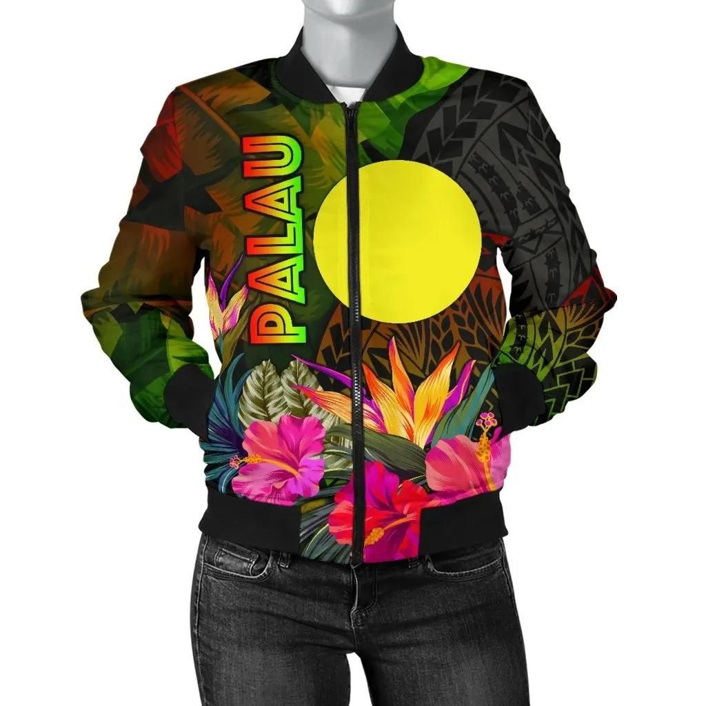 Palau Polynesian Women's Bomber Jacket - Hibiscus and Banana Leaves - BN15 Bomber Jacket Palau Polynesian Women's Bomber Jacket - Hibiscus and Banana Leaves - BN15 Bomber Jacket