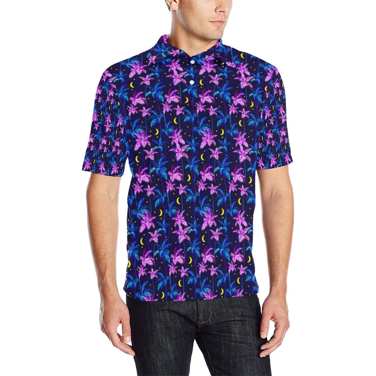 Palm Tree Night Scene Design Print Men Polo Shirt Palm Tree Night Scene Design Print Men Polo Shirt