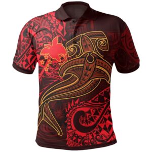 Papua New Guinea Polo Shirt - Red Shark Polynesian Tattoo - BN18