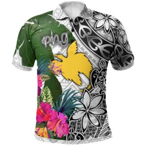 Papua New Guinea Polo Shirt White - Turtle Plumeria Banana Leaf - BN11
