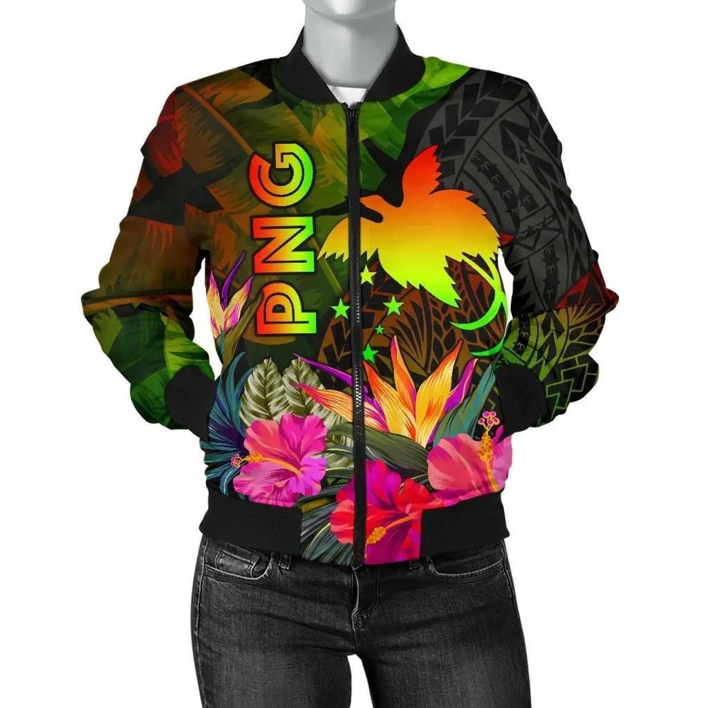 Papua New Guinea Polynesian Women's Bomber Jacket - Hibiscus and Banana Leaves - BN15 Bomber Jacket Papua New Guinea Polynesian Women's Bomber Jacket - Hibiscus and Banana Leaves - BN15 Bomber Jacket