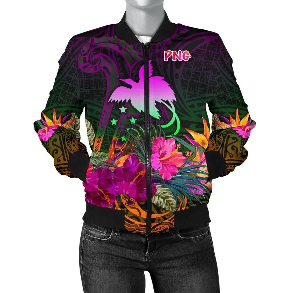 Papua New Guinea Women's Bomber Jacket - Summer Hibiscus - BN15 Bomber Jacket Papua New Guinea Women's Bomber Jacket - Summer Hibiscus - BN15 Bomber Jacket
