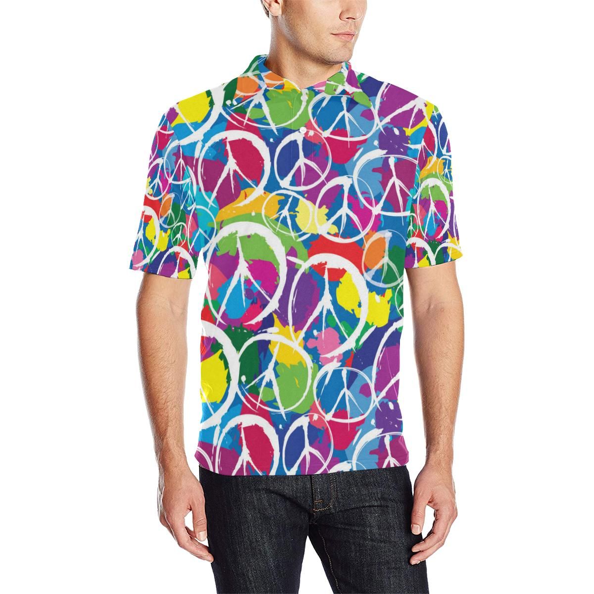 Peace Sign Colorful Pattern Print Design A02 Men Polo Shirt Peace Sign Colorful Pattern Print Design A02 Men Polo Shirt