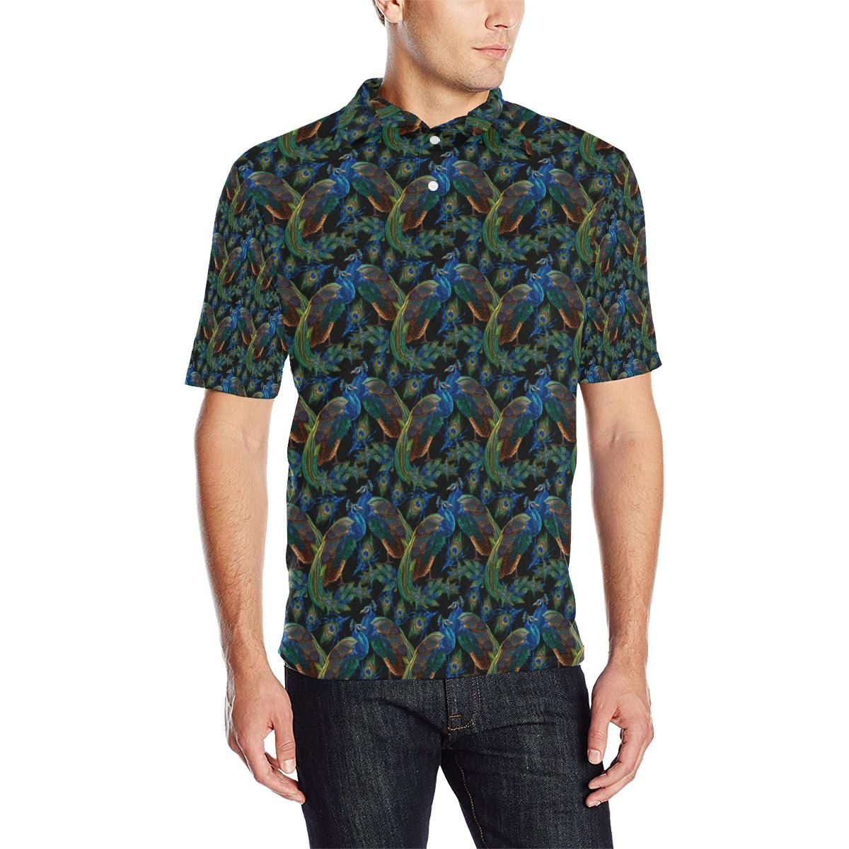Peacock Themed Design Print Men Polo Shirt Peacock Themed Design Print Men Polo Shirt