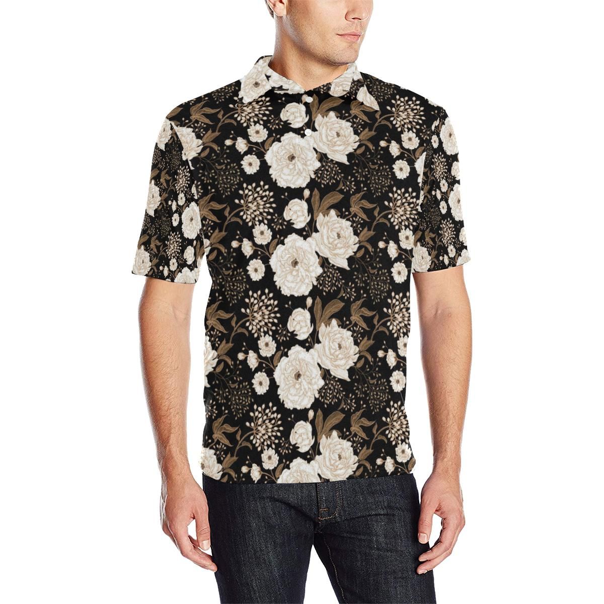 Peony Pattern Print Design A02 Men Polo Shirt Peony Pattern Print Design A02 Men Polo Shirt