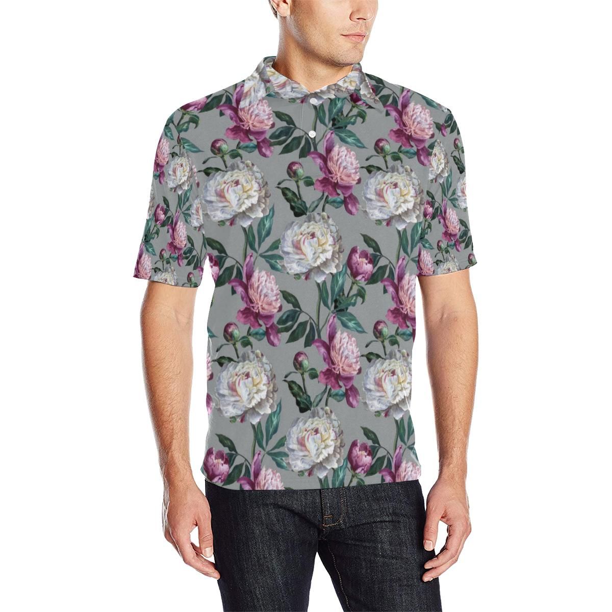 Peony Pattern Print Design Pe01 Men Polo Shirt Peony Pattern Print Design Pe01 Men Polo Shirt