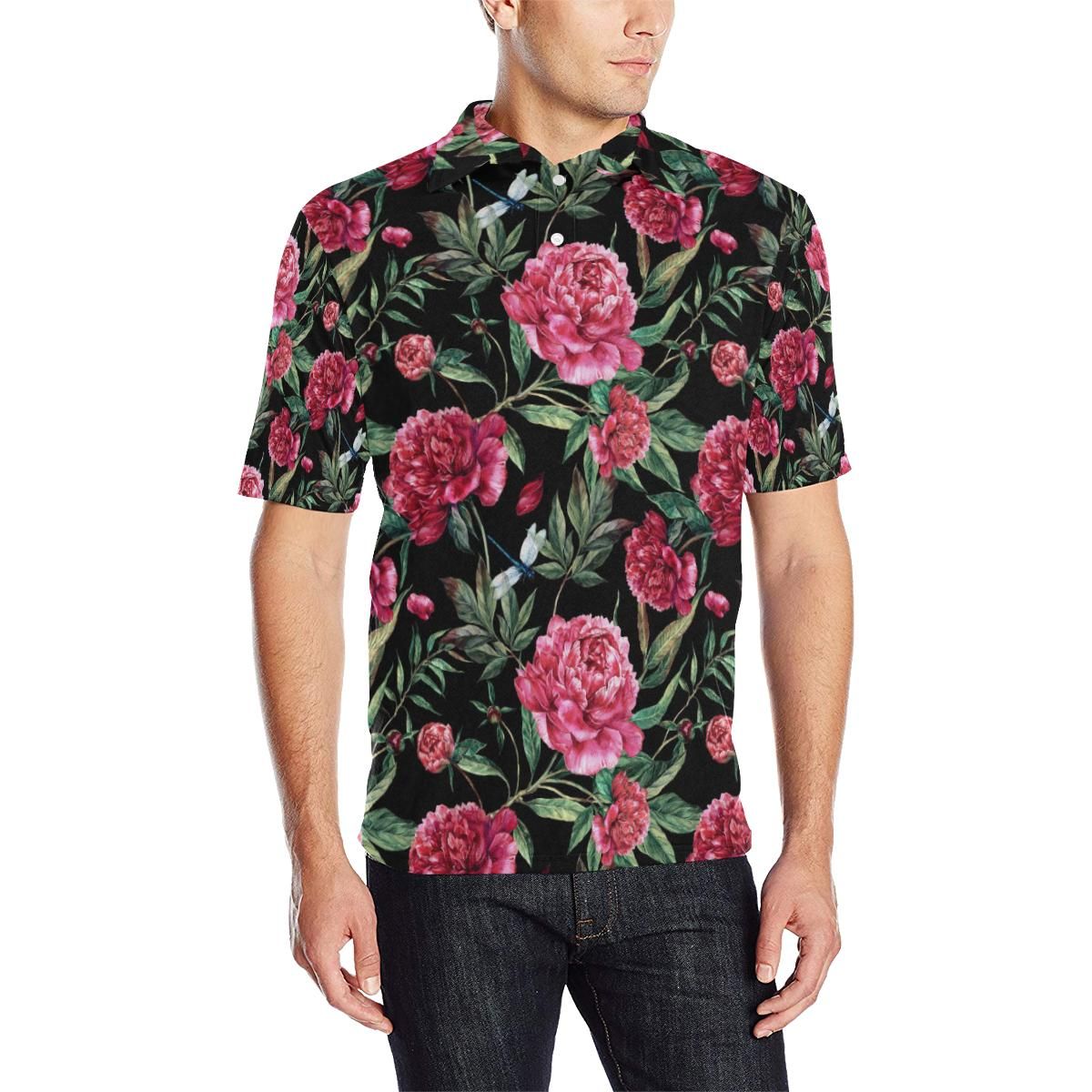 Peony Pattern Print Design Pe04 Men Polo Shirt Peony Pattern Print Design Pe04 Men Polo Shirt