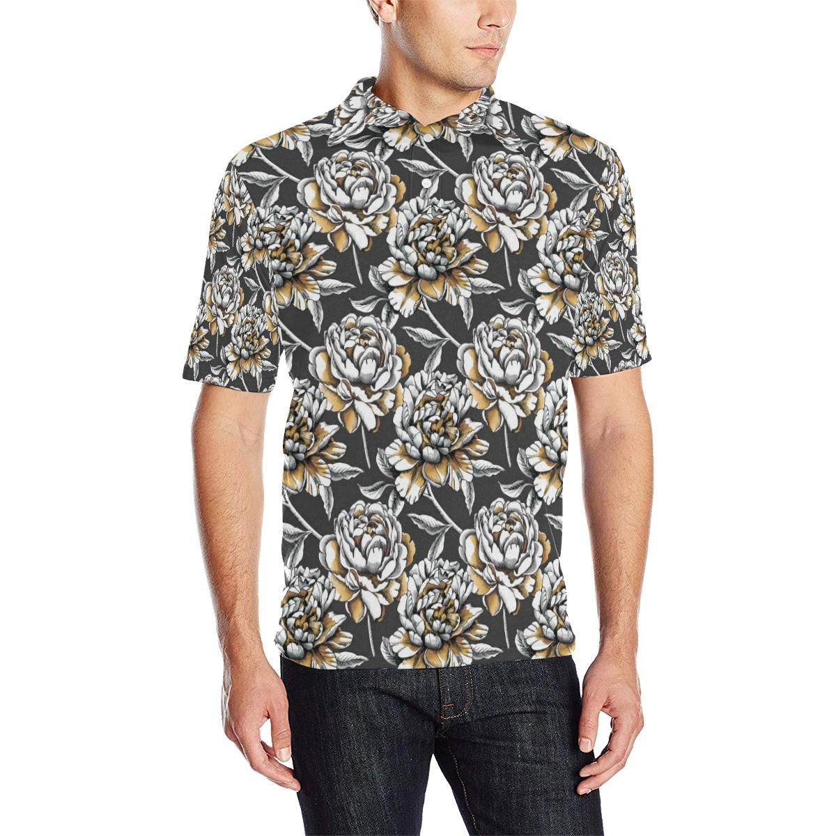 Peony Pattern Print Design Pe06 Men Polo Shirt Peony Pattern Print Design Pe06 Men Polo Shirt