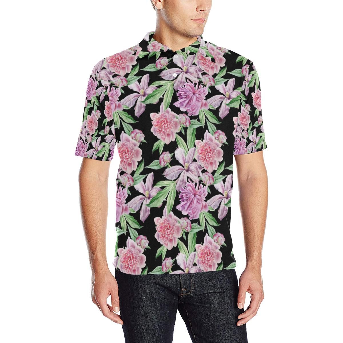Peony Pattern Print Design Pe08 Men Polo Shirt Peony Pattern Print Design Pe08 Men Polo Shirt