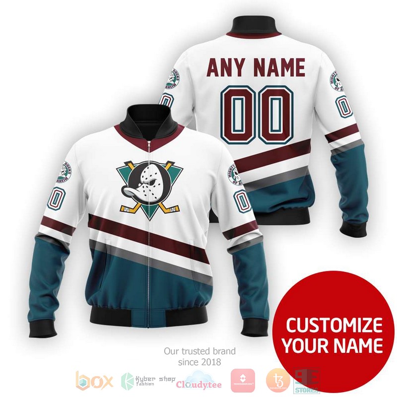 Personalized Anaheim Ducks Nhl Custom White Blue Bomber Jacket Personalized Anaheim Ducks Nhl Custom White Blue Bomber Jacket